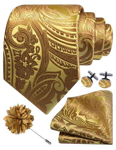 GUSLESON Paisley Tie Set for Men 3.15" Necktie Lapel Pin Hankerchief Cufflinks Set for Men - color: Gold