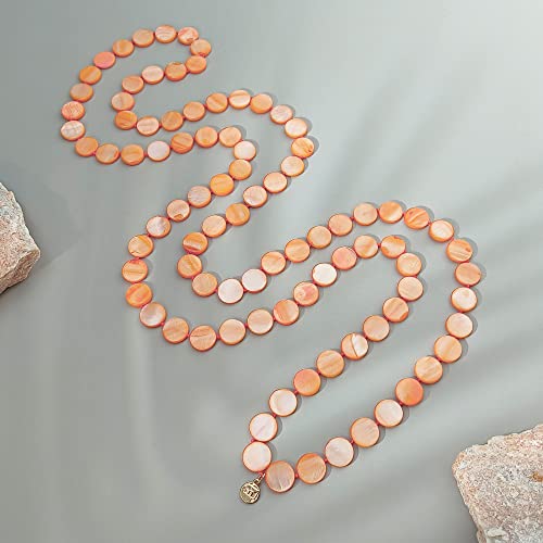 Firstmeet Flat Round Coin Shell Beads Long Knotted Necklace Natural Mother of Pearl Handmade Jewelry For Women - color: Orange