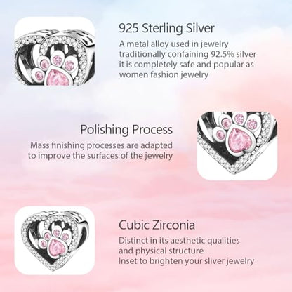 925 Sterling Silver Charms for Bracelets and Necklaces Lipstick and Perfume High Heels Dangle Pendants Heart Butterfly Bead Charms Halloween Christmas Gift for Womens - style: Cat Paw Print Bones Heart Bead Charms