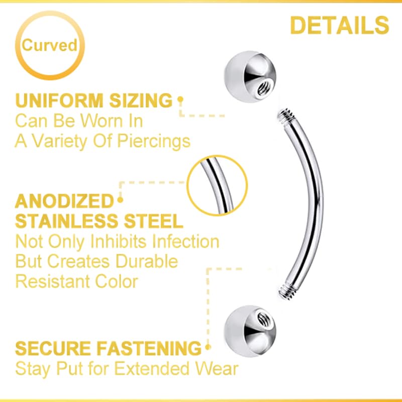 6prs(12pcs) Surgical Steel Tiny Curved Eyebrow Ear Navel Belly Lip Ring Barbell Piercing Jewelry 16g 6mm/8mm/10mm (Steel)