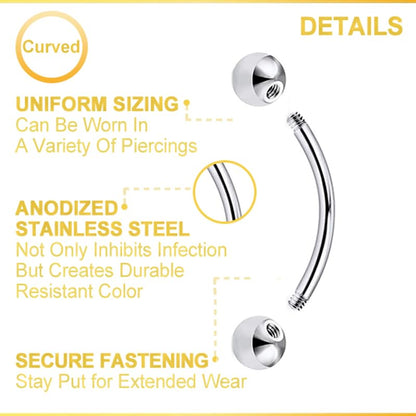 6prs(12pcs) Surgical Steel Tiny Curved Eyebrow Ear Navel Belly Lip Ring Barbell Piercing Jewelry 16g 6mm/8mm/10mm (Steel)
