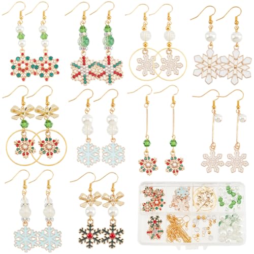 SUNNYCLUE 1 Box DIY 10 Pairs Christmas Charms Rhinestone Snowflake Charms Earrings Making Kit Enamel Snow Charm Bowknot Connector Charms Bar Links Glass Beads Earring Hooks for Jewelry Making Kits - color: 1.1-diy-10 Pairs Christmas Colorful Snowflake Ear