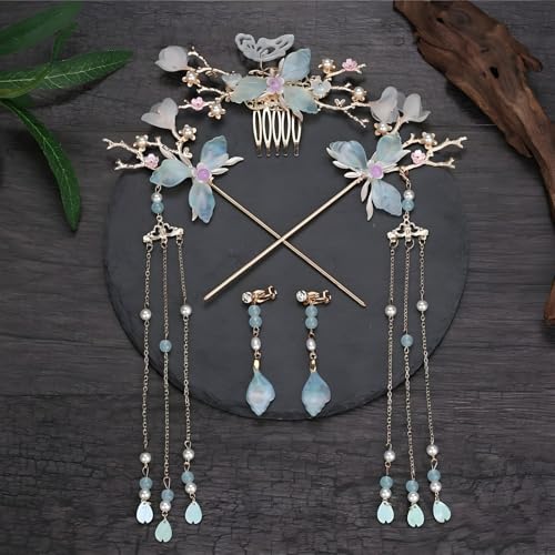 Hanfu Hair Accessories Set Green Butterfly Tassel Chinese Vintage HairStick | Hair Sticks, Butterfly Tassel Hairpin Comb, Earrings Kit, Rhinestone Pearl, Wedding Bridal Cosplay Daily Wear