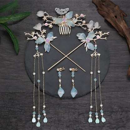 Hanfu Hair Accessories Set Green Butterfly Tassel Chinese Vintage HairStick | Hair Sticks, Butterfly Tassel Hairpin Comb, Earrings Kit, Rhinestone Pearl, Wedding Bridal Cosplay Daily Wear