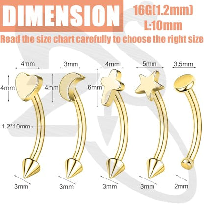 ZS 5Pcs Stainless Steel Eyebrow Rings, 16G Curved Belly Rings Navel Barbell Helix Daith Tragus Earrings Spike Vertical Labret Lip Piercing Jewelry - color: Gold,L:10mm