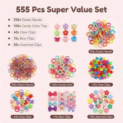555 Pcs Cute Hair Accessories for Women, Flower and Butterfly Snap Clips, Colorful Hair Ties, and Elastic Bands