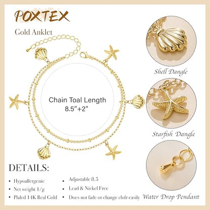 Gold/Sterling Silver Anklet Bracelets for Women Waterproof, Non Tarnish 925 Sterling Sliver Plated Heart Evileye Butterfly Charm, Dainty Summer Beach Anklets for Women, Beach Vacation Bikini Outfits for Her Mom - style: Starfish & Shell