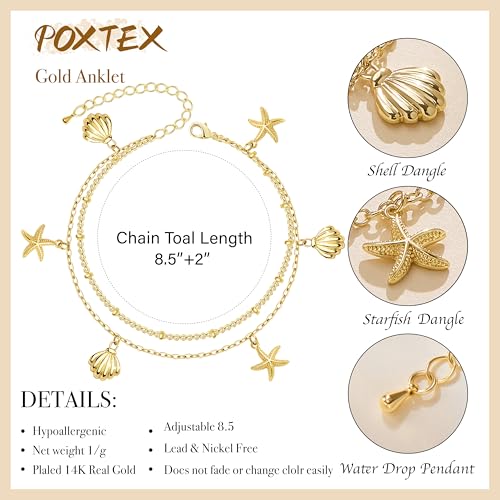 Gold/Sterling Silver Anklet Bracelets for Women Waterproof, Non Tarnish 925 Sterling Sliver Plated Heart Evileye Butterfly Charm, Dainty Summer Beach Anklets for Women, Beach Vacation Bikini Outfits for Her Mom - style: Starfish & Shell