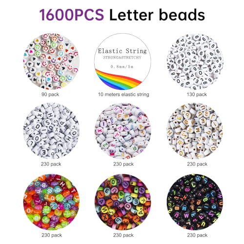Redtwo 1600Pcs Letter Beads for Bracelets A-Z Alphabet Beads for Bracelets | 6 Styles of Colorful Alphabet Beads, Heart Smiley Number Beads, Friendship Bracelet Kit with Elastic String