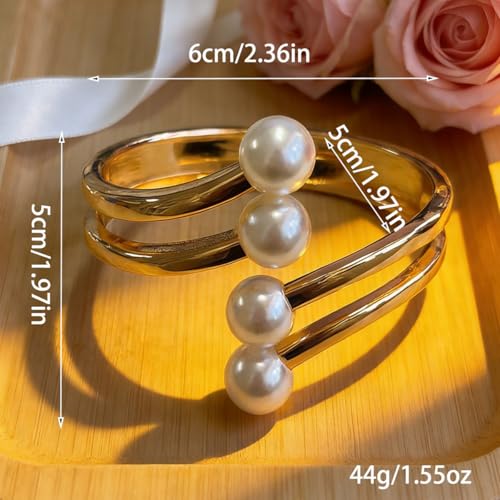 Dainty Pearl Cuff Bracelet for Women Elegant Layered Cuff Bracelet Statement Chunky Gold Bracelets Multi-layer Open Bangle Geometric Winged Bracelets Everyday Party Jewelry - color: Gold1