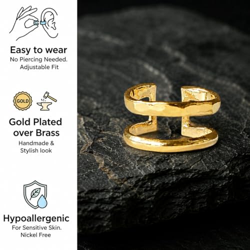 Gold Plated Ear Cuff, Handmade Single Un-Even Double Band Adjustable Non Piercing Clip On Cartilage Earring, Minimalist Ear Wrap Faux Piercing Jewelry for Women (Double Band)