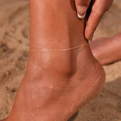 Ankle Bracelets for Women 14K Gold Plated Anklet Silver Anklets Waterproof Evil Eye Beaded Pearl Tennis Crystal Heart Cuba Link Chain Anklets Dainty Jewelry Gift for Her - color: 18K O Chain-Gold