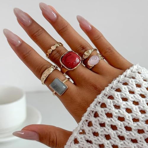 Statement Colorful Crystal Chunky Gold Hammered Dome Knuckle Rings Stackable for Women, Retro Thick Resin Ring Stacking Prom Party Jewelry Accessories - color: Red