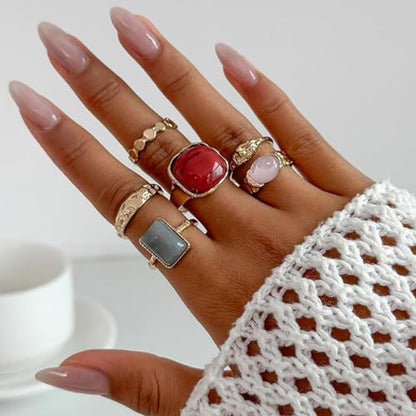 Statement Colorful Crystal Chunky Gold Hammered Dome Knuckle Rings Stackable for Women, Retro Thick Resin Ring Stacking Prom Party Jewelry Accessories - color: Red