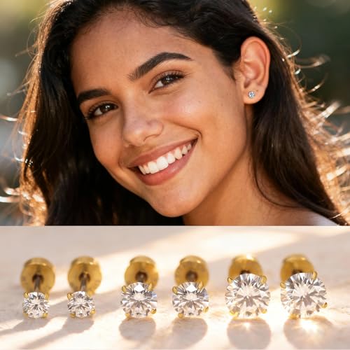 Limerencia Moissanite Stud Earrings, 3 Pairs Titanium Screw Back Earrings | D Color VVS1 Clarity Lab-created Moissanite Earrings, Hypoallergenic G23 Pure Titanium for Women Men Sensitive Ears - color: Gold S