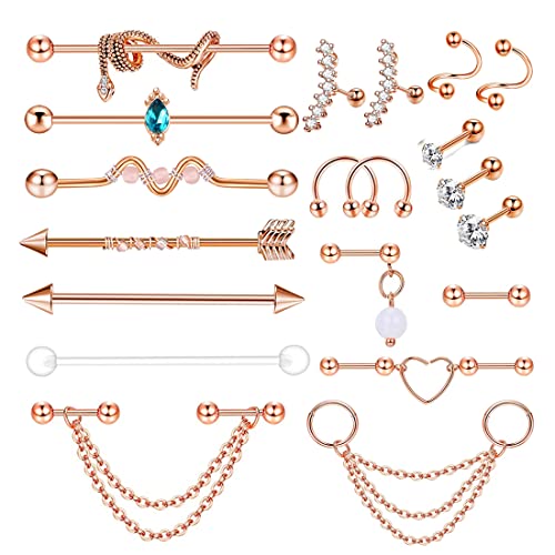 TIANCI FBYJS 7-16pcs 14G Stainless Steel Industrial Piercing Barbell Earring Cartilage Body Jewelry 38mm 1&1/2 Inch Industrial Piercing Bar for Women Men Snake Chain Dangle - color: rose gold