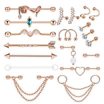 TIANCI FBYJS 7-16pcs 14G Stainless Steel Industrial Piercing Barbell Earring Cartilage Body Jewelry 38mm 1&1/2 Inch Industrial Piercing Bar for Women Men Snake Chain Dangle - color: rose gold
