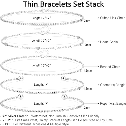 Dainty Gold Bracelet for Women Trendy Non Tarnish, Thin Bracelets Stackable Set with Bangle Cuff, Box, Herringbone, Paperclip, Figaro, Sparkling Link Chains Waterproof, Simple Jewelry Gifts for Women - color: Silver-cuban/cuff/heart/beaded/twisted/rope