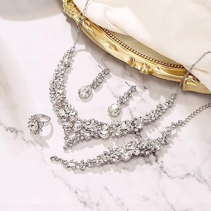 Wedding Bridal Jewelry Set for Women Bride Bridesmaids | Gorgeous Austrian Crystal Teardrop Cluster Statement Necklace Dangle Earrings Link Bracelet Set Prom Jewellery - color: 4Pcs-Clear Rhodium-Tone