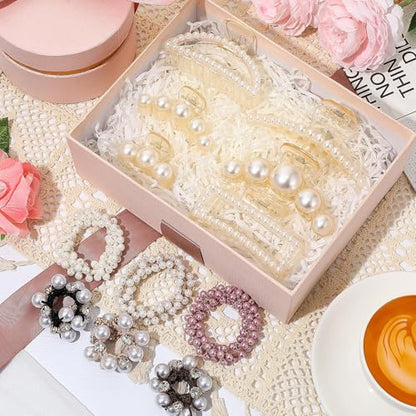 12 Pcs Pearl Hair Claw Clips Pearl Hair Ties Set for Women Girls Elastic Scrunchies Barrette Clamps Thick Thin Tousle Ponytail Holder Accessories Fashion Boho Bride Bachelorette Party Wedding