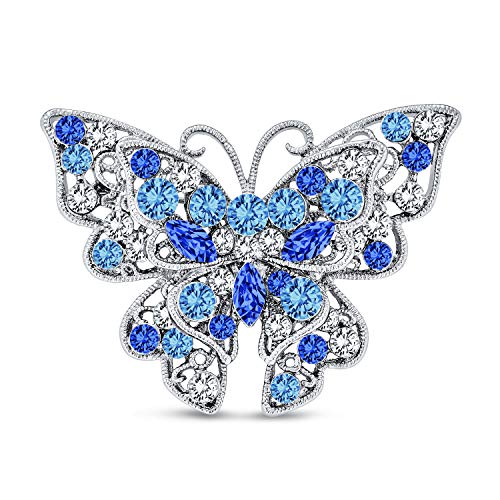 Bling Jewelry Large Statement Crystal Accent Yellow Orange Golden Aqua Blue Black Clear Garden Dragonfly Firefly Fluttering Filigree Butterfly Brooch Scarf Pin For Women And Teens Silver Gold Plated - color: Light Blue