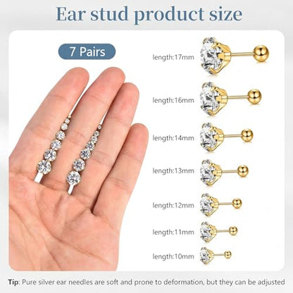 7 Pairs 20G Stainless Steel Stud Earrings Set Cubic Zirconia CZ Earrings Multi Size 2mm-8mm - color: golden, size: Modern