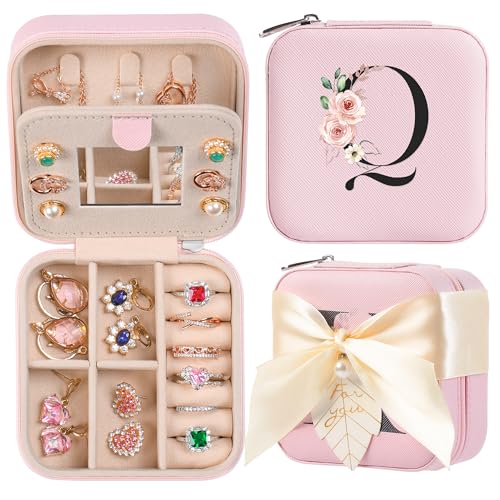 AYGXU Travel Jewelry Box for Women and Girls - Small Case With Initial A-Z - Teacher Gifts - color: pink, size: Q