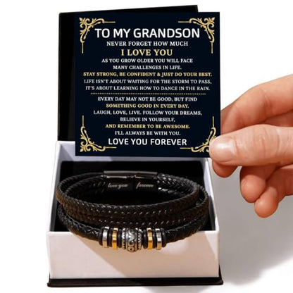 To My GrandSon Bracelet – Love You Forever Braided Leather Bracelet, Meaningful GrandSon Gift from Grandpa & Grandma with Heartfelt Message Card & Elegant Gift Box for Birthday, Christmas - color: Version#5