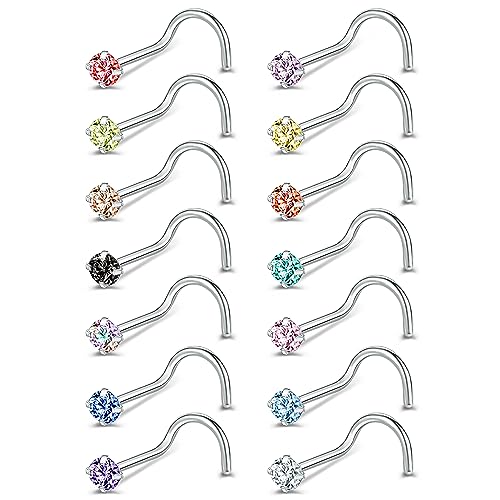 ZS 6-14PCS 20g Tiny Nose Stud Ring Piercing Surgical Steel Nose Bone/L Shaped/Nose Screws Rings Set - color: C:14pcs Nose Screws Style(Mixed Color)