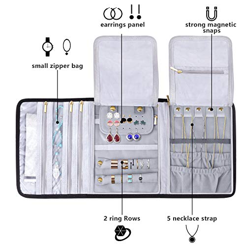 Teamoy Velvet Travel Jewelry Roll Organizer, Jewelry Storage Bag, Black | Foldable Jewelry Case for Necklaces, Earrings, Bracelets, Rings, Large, Soft, Compact and Easy to Carry - color: Velvet-Black