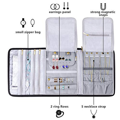Teamoy Velvet Travel Jewelry Roll Organizer, Jewelry Storage Bag, Black | Foldable Jewelry Case for Necklaces, Earrings, Bracelets, Rings, Large, Soft, Compact and Easy to Carry - color: Velvet-Black