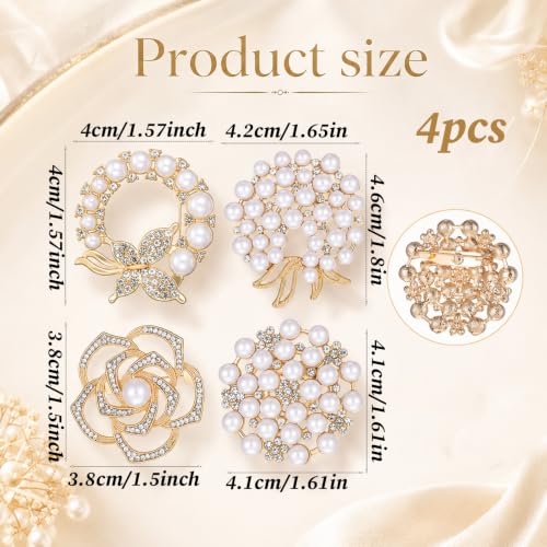 4pcs Crystal Pearl Brooch, Flower Pearl Brooch Pins for Women | Fashion Elegant Glod Crystal Floral Brooches for Dress Coat Shawl Wedding Appreciation Decor
