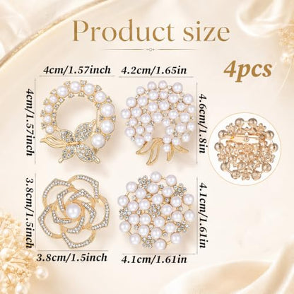 4pcs Crystal Pearl Brooch, Flower Pearl Brooch Pins for Women | Fashion Elegant Glod Crystal Floral Brooches for Dress Coat Shawl Wedding Appreciation Decor