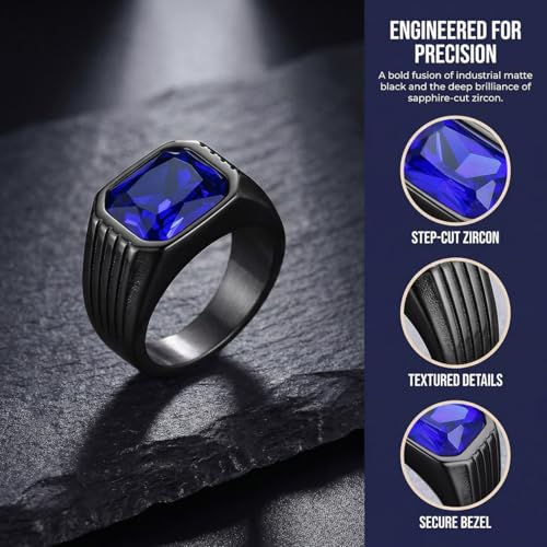 Cubic Zirconia Rings for Men Women Stainless Steel Birthstone Ring Square Cut Statement Jewelry Size 7-14 - color: Black-Blue Topaz, size: 10