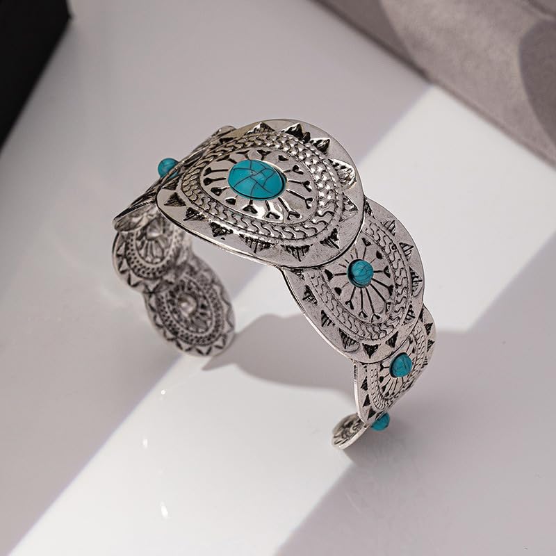 DATOA Bohemian Chunky Turquoise Bracelets Western Cowgirl Bangle Boho Cuff Bracelets for Women Silver Wide Bracelet for Holiday - color: Silver 02
