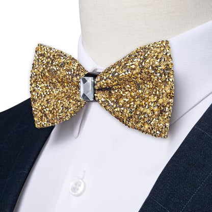 DiBanGu Mens Rhinestone Bow Tie with Ring and Lapel Pin Set | Adjustable Strap,Pre-tied Style,3PCS,Sequin Diamond Bowties，Solid/Mix Color,Shiny Accessory,for Party Prom Banquet Wedding - color: Yellow