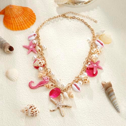 RUOFFETA Shell Starfish Necklace Bracelet Conch Statement Chunky Necklace Mermaid Costume Jewelry Beach Jewelry for Women - style: Necklace Hot Pink