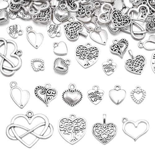 Pandahall 100pcs Tibetan Style Heart Charms Alloy Pendants Antique Silver Sweet Heart Charms for DIY Earring Bracelet Necklace Jewelry Making Valentine Day Wedding Gift