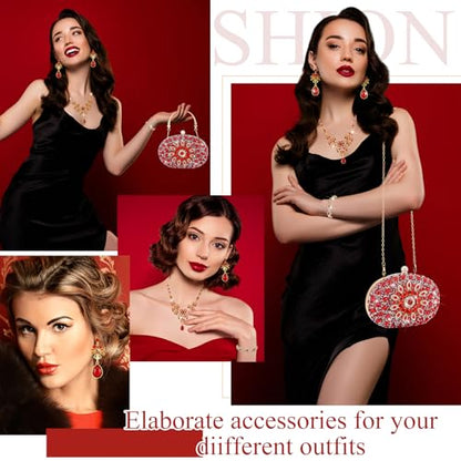 Quelay 4 Pcs Purse Rhinestone Jewelry Set Women | Wedding Bridal Prom Jewelry Sparkly Clutch Handbag with Necklace Bracelet Dangle Earrings Shiny Costume Kit - color: Red, style: Elegant