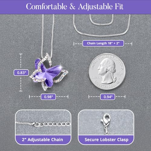 Butterfly Necklace, Birthstone Crystal, for Women, Silver Tone Pendant Jewelry, Anniversary Birthday Gift for Her, Wife & Mom, 18"+2" - color: 02b-February Birthstone - Tanzanite Purple Crystal