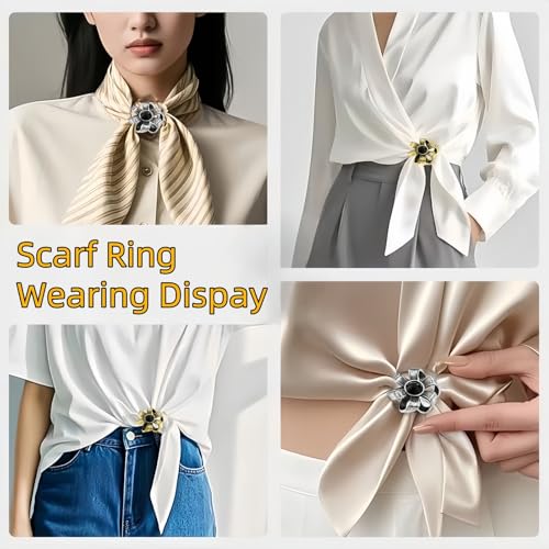 SYWDUDUCLT Scarf Ring for Women's Shawl, Silk Neckerchief, Tshirt, Gold/Sivler, S/M/L, 2 Pcs - style: VintageFlowers
