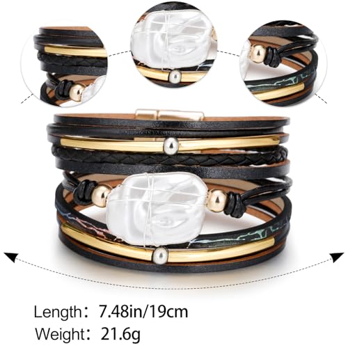 Leopard Bracelet for Women, Boho Leather Wrap Multi-Layer Pearl Crystal Bracelet Bangle Jewelry - color: Black Leather(Pearl)