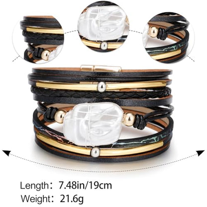 Leopard Bracelet for Women, Boho Leather Wrap Multi-Layer Pearl Crystal Bracelet Bangle Jewelry - color: Black Leather(Pearl)