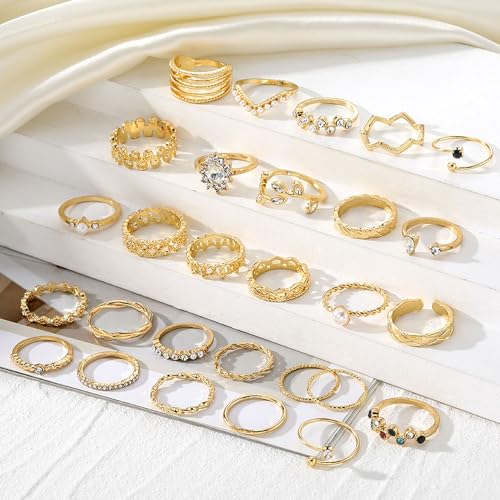 28 Pcs Rings for Women Gold Silver Vintage Stackable Knuckle Rings Set Chunky Stacking Dainty Cubic Zirconia Crystal Heart Simple Twist Hollow Personalized Jewelry Gifts for Women Trendy Jewelry - color: Gold - 28Pcs