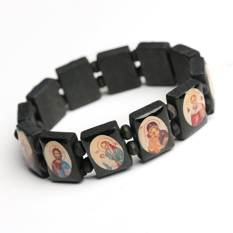 1PC Stretch Bracelet, With Black Wooden Beads & Religious Icon Charms, Orthodox Style, Wrist Accessory (Black)