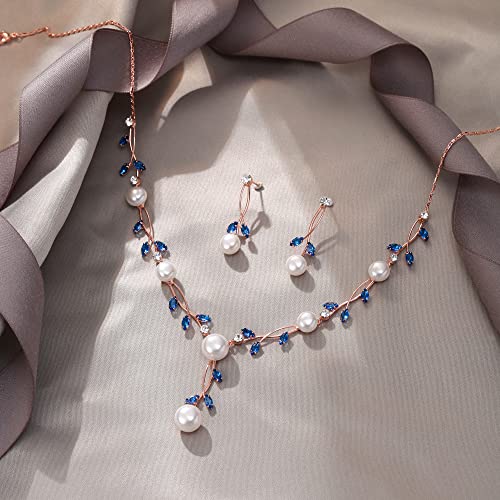 EVER FAITH Cubic Zirconia Pearl Leaf Vine Wedding Jewelry Set for Bride | Crystal Filigree Bridal Necklace Earrings, for Women Bridesmaid - color: 2pcs_Sky Blue Rose Gold-Plated-Brass