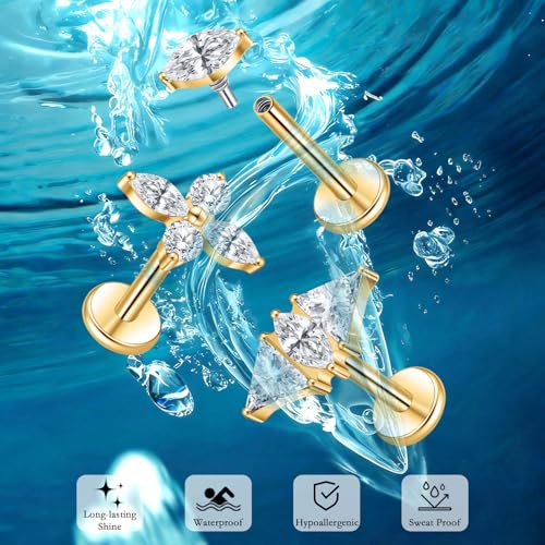 limerencia Titanium Internally Threaded Flat Back Earrings, 3 Pcs Implant Grade Hypoallergenic Studs, 18G Tragus Helix Conch Cartilage Piercing Jewelry for Sensitive Ears Women Men, Gold/Silver - color: Gold-Vibe A