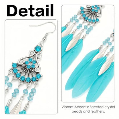 FRESHME Feather Earrings for Women - Native American Jewelry Boho Dangle Ethnic Indian Ear Drop for Music Festival Birthday - color: Blue