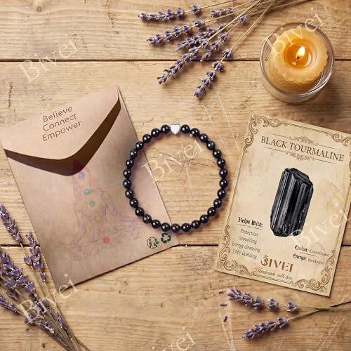 Bivei Crystal Stretch 6mm Bracelets for Women | Handmade Natural Stone Beaded Stretch Bracelet, Stainless Steel Heart Bead, Tranquility Yoga Gift Jewelry for Women - color: Black Tourmaline - Protective