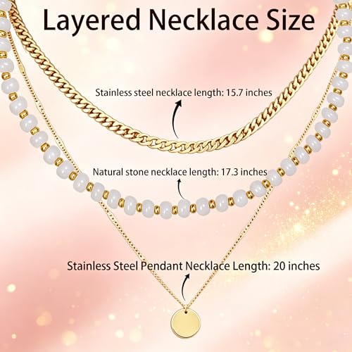 Layered Necklaces for Women Multicolor Gemstone Colorful Bead Choker With Chian Cute 14k Gold Round Pendant Summer Beach Boho Statement Jewelry Trendy Set